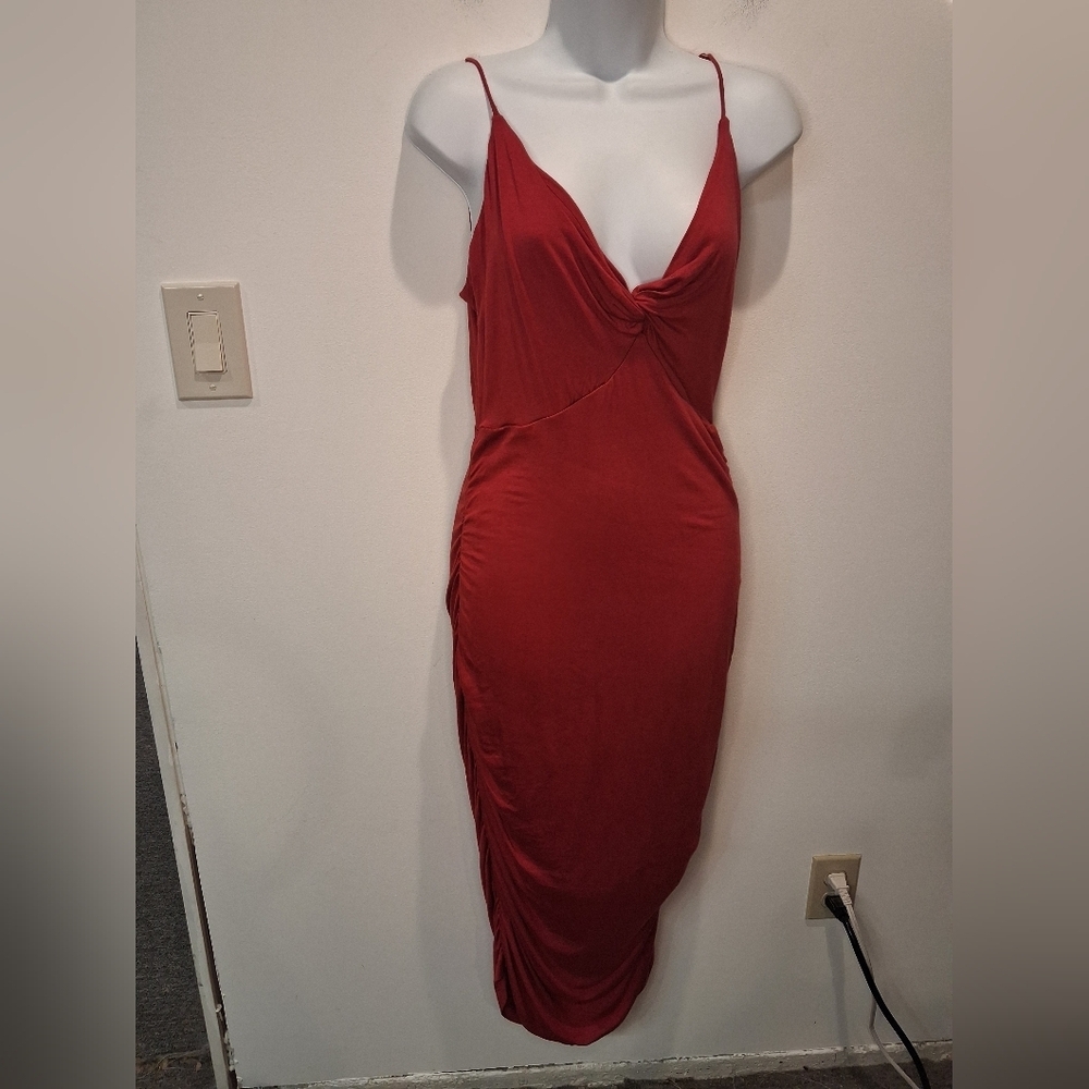 New Anthropologie Size S Red Gathered Sexy Slip Midi Dress